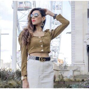 Zara Crop Top Sz XS 0 2 BLOGGER FAVORITE Brown Corduroy Puff Long Sleeve NEW